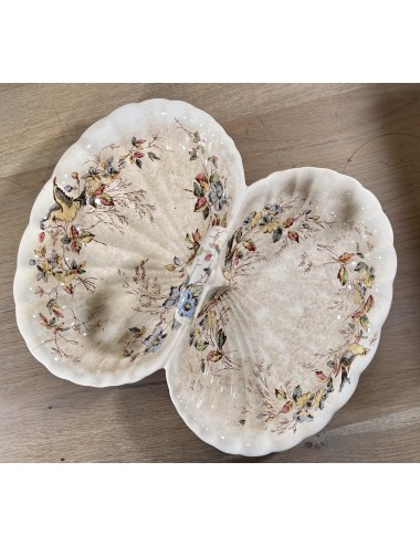 Cookie bowl with handle in center - blind mark IVORY - scalloped décor with blue and pink flowers and birds.