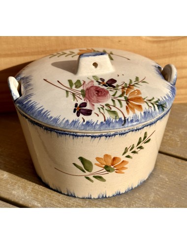 Butter jar / Confiture jar with lid - illegible blind mark - décor of hand-painted flowers
