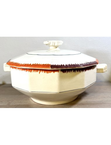 Tureen / Soup tureen - large model - unmarked - décor in brown with orange on the edges - Art Deco
