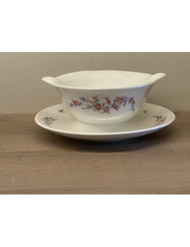 Gravy boat / Sauce boat - round model with 2 spouts - Petrus Regout - décor executed with small roses and flowers