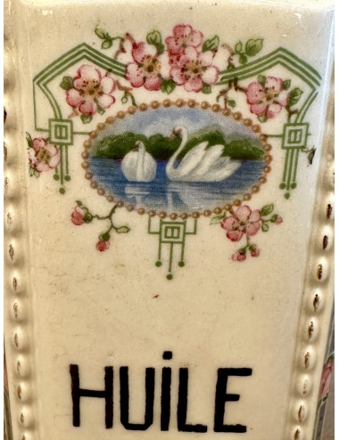 Karaf / Fles - ongemerkt - Art Nouveau/Jugendstil met décor van zwanen omgeven door rozen - opdruk HUILE