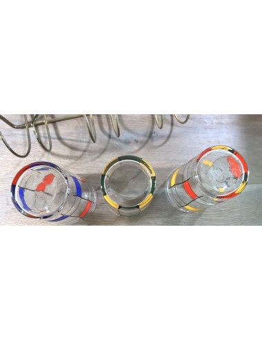 Holder with 6 lemonade glasses - holder in brass, glasses decorated with colored cubes