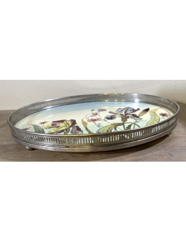 Tray / Presentation tray - unmarked (probably German) - decorated with flowers and a chromed metal surround