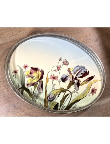 Tray / Presentation tray - unmarked (probably German) - decorated with flowers and a chromed metal surround