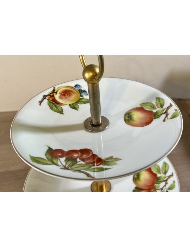 Etagere / Cakestand - 2-layer (originally 3-layer) - Porcelain de Paris - décor of pears, apples and cherries