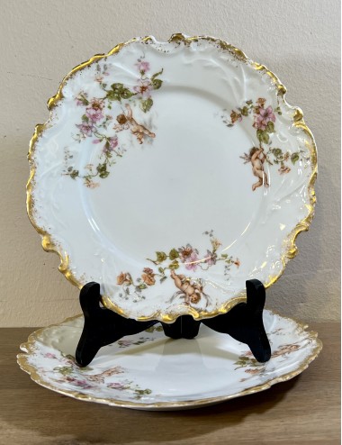 Breakfast plate / Dessert plate - porcelain - Limoges Potel & Chabot - décor of a pink blossom and putti