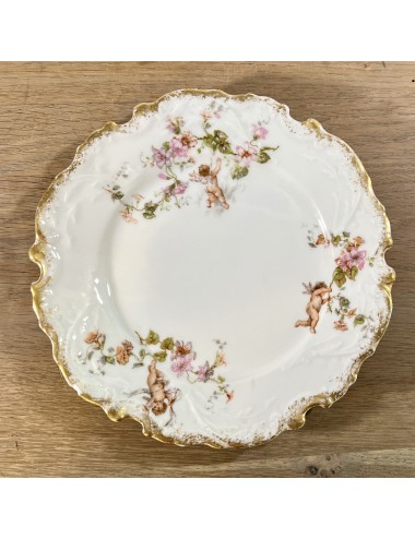 Ontbijtbord / Dessertbord - porselein - Limoges Potel & Chabot - décor van een roze bloesem en putti