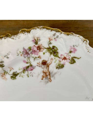 Breakfast plate / Dessert plate - porcelain - Limoges Potel & Chabot - décor of a pink blossom and putti