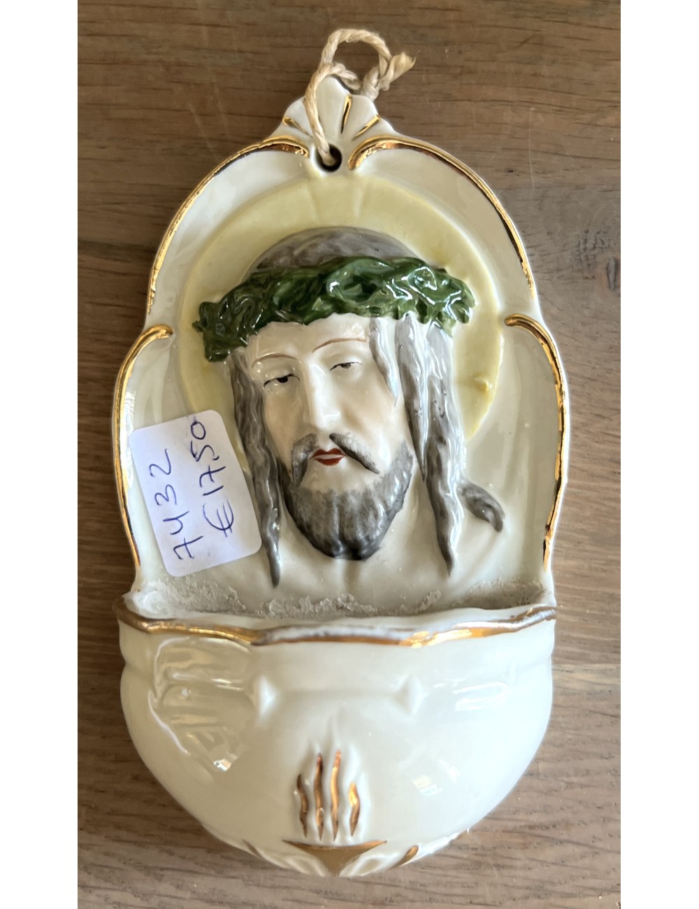 Holy water container / Holy water vessel - porcelain - Jesus with green wreath