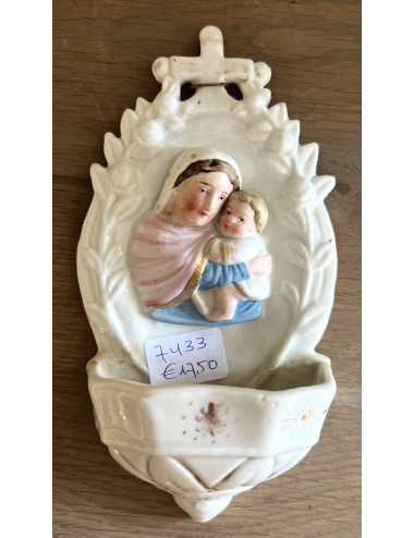Holy water bowl / Holy water vessel - porcelain - Mary with child in pink/blue and gold accents