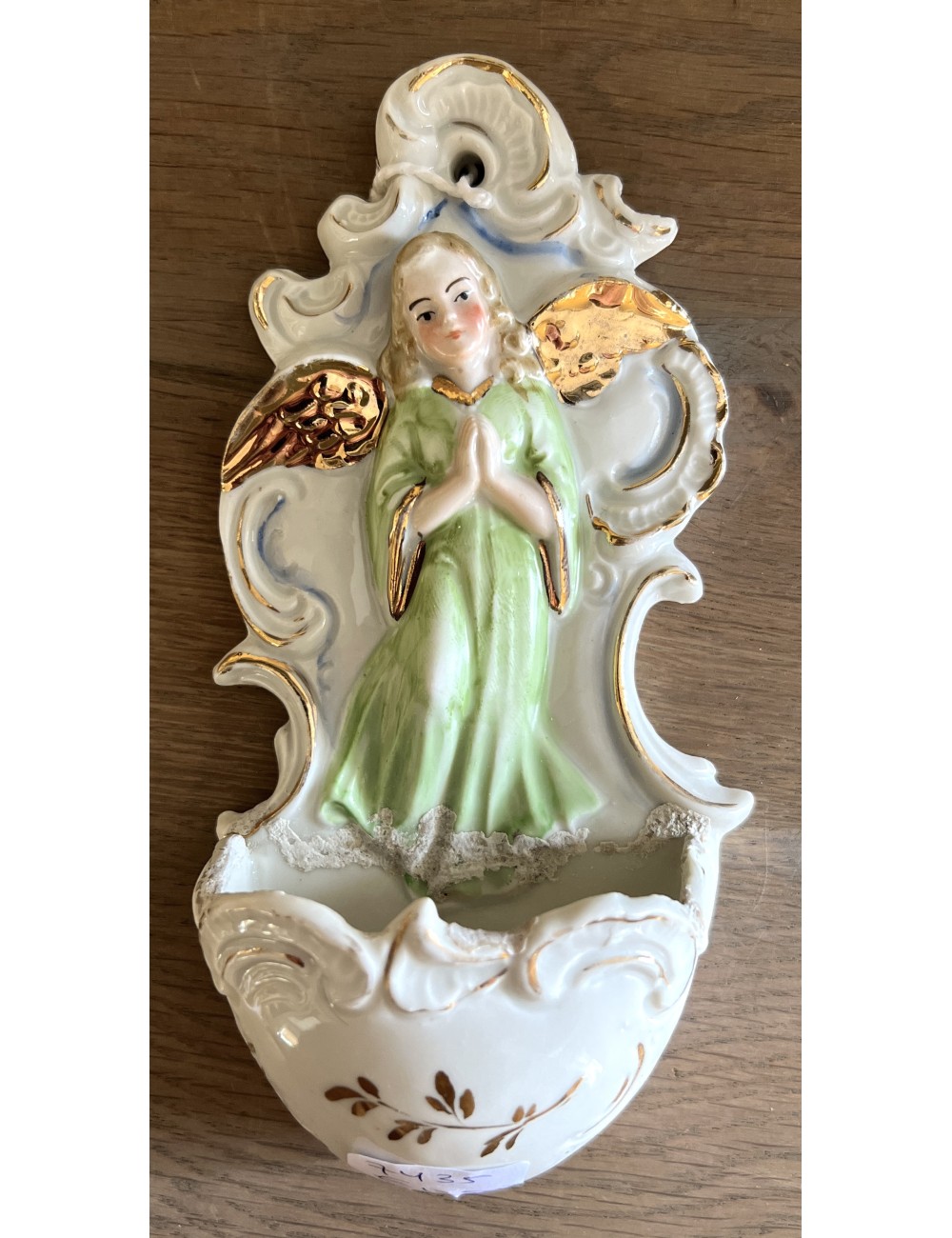 Holy water container / Holy water vessel - porcelain - image of an Angel in green with gold accents