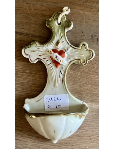 Holy water container / Holy water vessel - porcelain - in the shape of a cross in red/green/gold