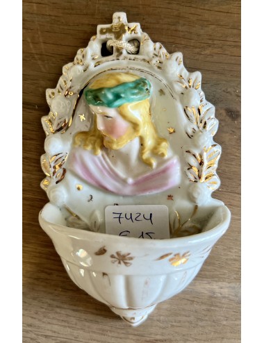 Holy water container / Holy water vessel - porcelain - image of Jesus in pink/green with gold accents