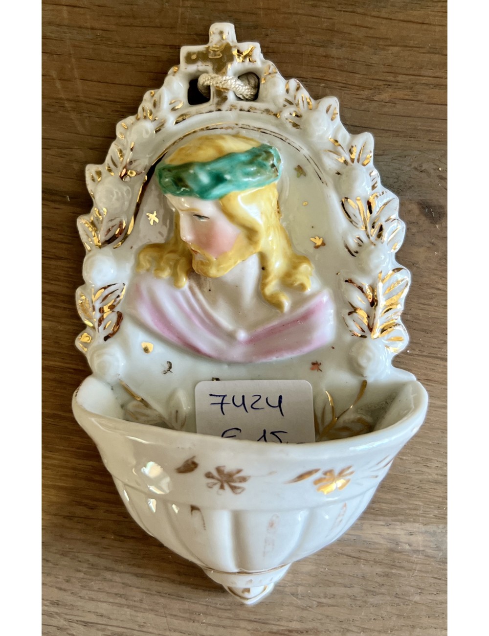 Holy water container / Holy water vessel - porcelain - image of Jesus in pink/green with gold accents