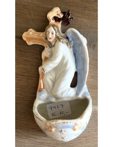 Holy Water basin - porcelain - in the shape of a cross carried by an Angel