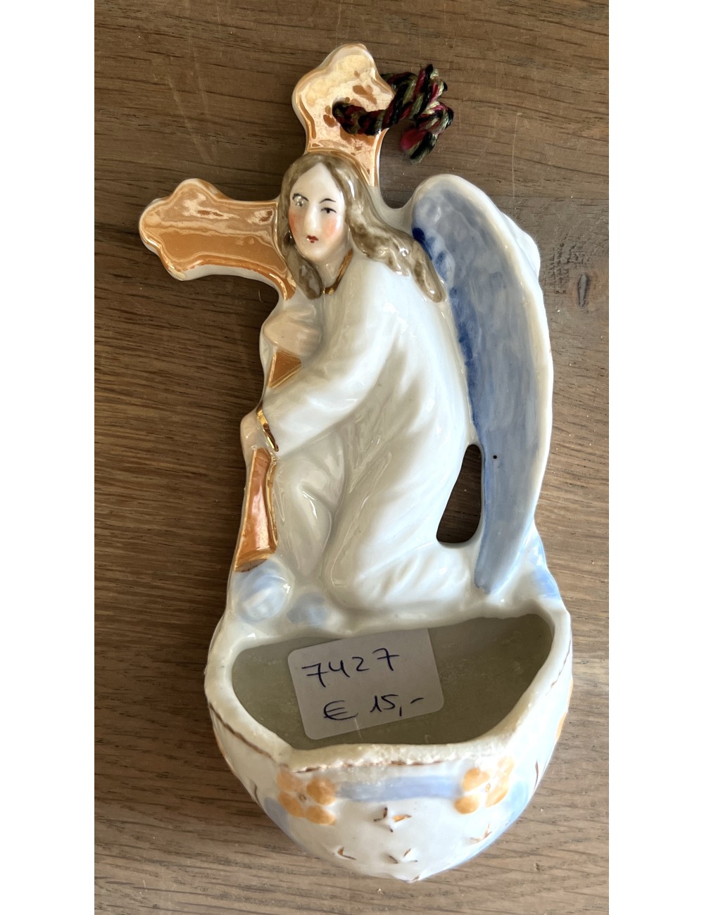 Holy Water basin - porcelain - in the shape of a cross carried by an Angel