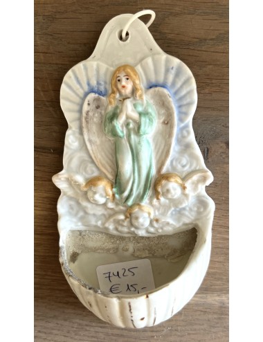 Holy water dish / Holy water vessel - porcelain - image of Angel in green and putti