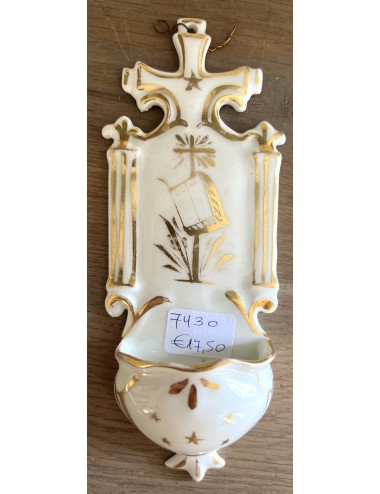 Holy water bowl / Holy water vessel - porcelain - image of Bible/Cross in white with gold accents