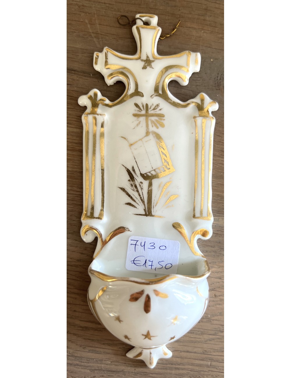 Holy water bowl / Holy water vessel - porcelain - image of Bible/Cross in white with gold accents