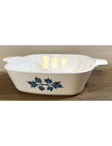 Bowl with handles - square model - Pyroflam / Made in the Netherlands - executed in white with blue leaves