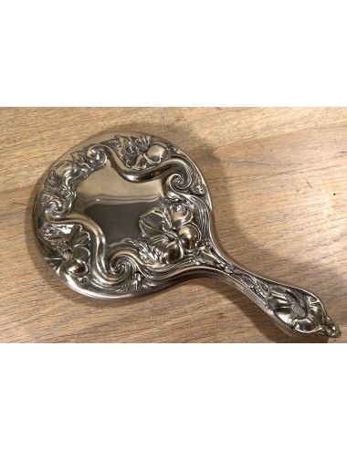 Hand mirror - unmarked - silver-plated - Art Nouveau - décor of flowers in relief