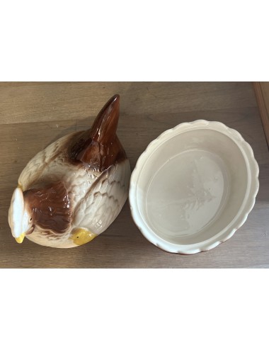 Egg Hen / Egg dish - unmarked - made in cream/brown/yellow ceramic with a chick