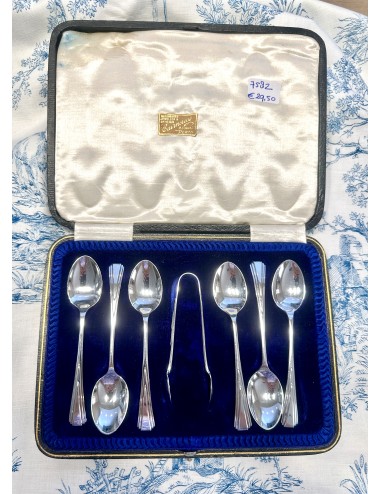 Coffee spoons / Teaspoons plus sugar tongs - 7-piece set - in black with royal blue velvet box