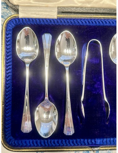 Coffee spoons / Teaspoons plus sugar tongs - 7-piece set - in black with royal blue velvet box