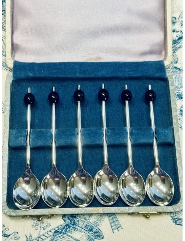 Coffee spoons - 6-piece set - in grey/blue box - black coffee beans on handle - E.P.N.S.