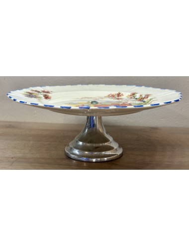 Presenteerschaal - chrome voet - Coronet Ware / Parrot & Company Burslem - décor met dame in rode jurk tussen bloemen