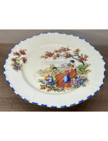 Presenteerschaal - chrome voet - Coronet Ware / Parrot & Company Burslem - décor met dame in rode jurk tussen bloemen