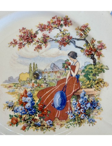 Presentation bowl - chrome base - Coronet Ware / Parrot & Company Burslem - décor with lady in red dress among flowers