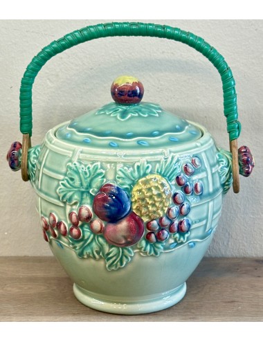 Biscuit jar with wicker/plastic handle - A.J. Wilkingson / Royal Staffordshire Pottery - shaped like a fruit basket