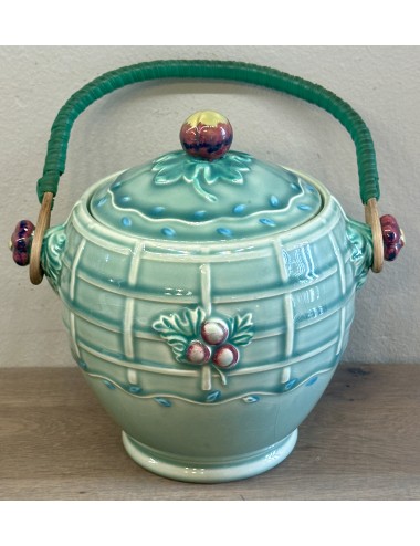 Biscuit jar with wicker/plastic handle - A.J. Wilkingson / Royal Staffordshire Pottery - shaped like a fruit basket